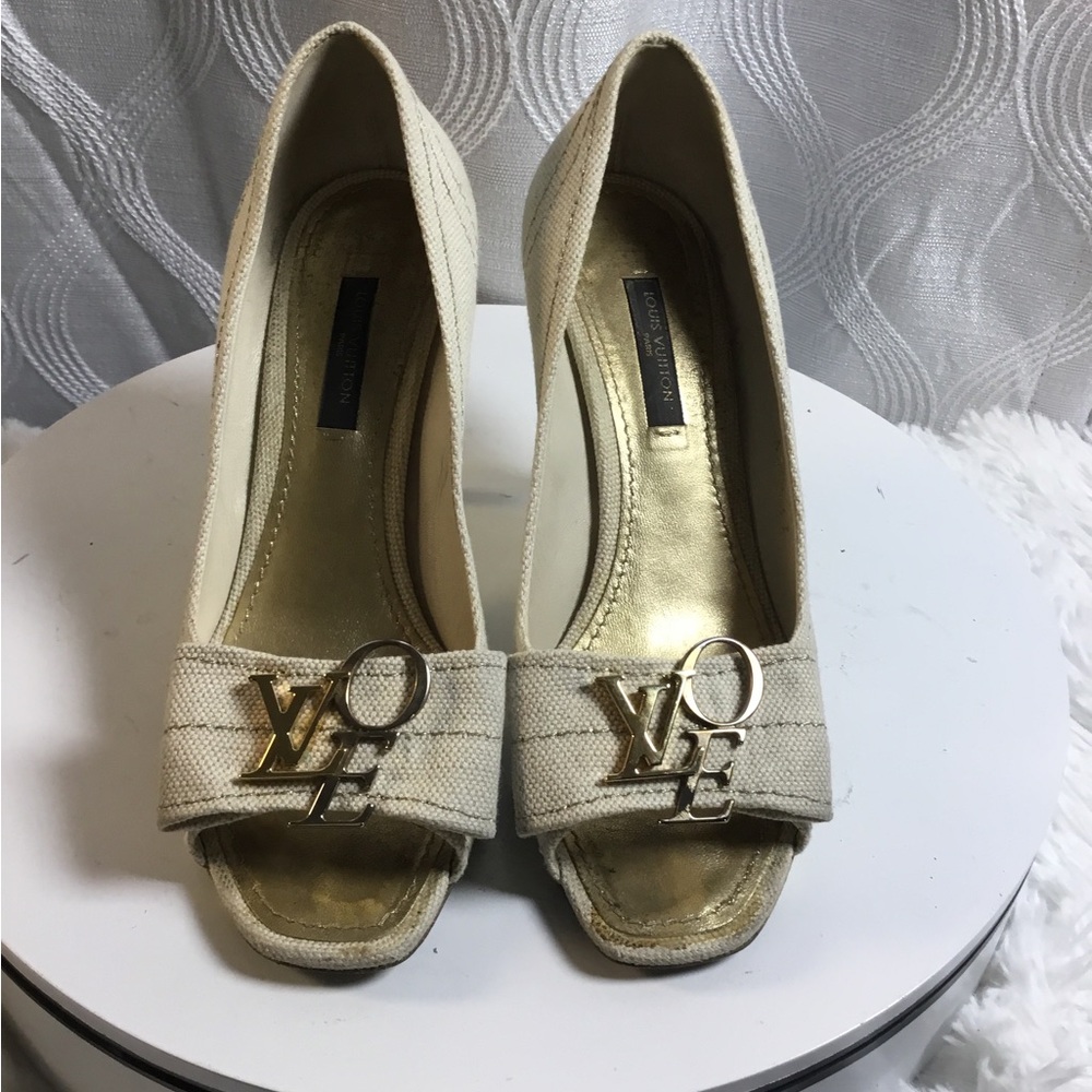 Louis Vuitton Ivory Peep-Toe Heels with Gold LV Accent